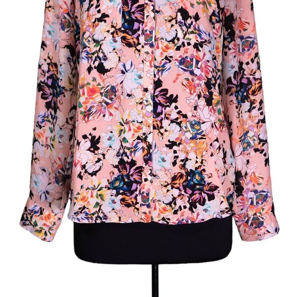 Express Womens Shirt Button Up Multicolor Floral V-Neck Long Sleeve Blouse Top M - Picture 6 of 9